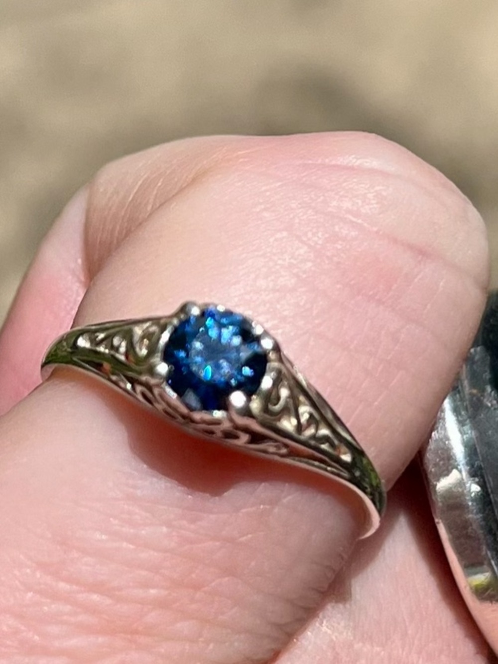 5mm Filigree Blue Moissanite Ring 925 Silver size 7.5 - Picture 6 of 8